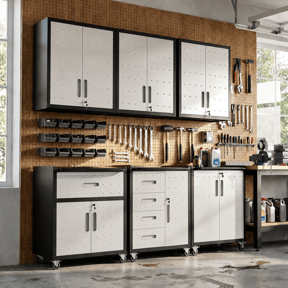 IKIMI 6-Piece Heavy Duty Garage Cabinet System with Workbench, Lockable Steel Storage Cabinets, Modular Tool Storage Organizer for Garage & Workshop , Gray
