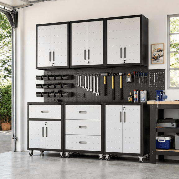 IKIMI 6-Piece Heavy Duty Garage Cabinet System with Workbench, Lockable Steel Storage Cabinets, Modular Tool Storage Organizer for Garage & Workshop , Gray