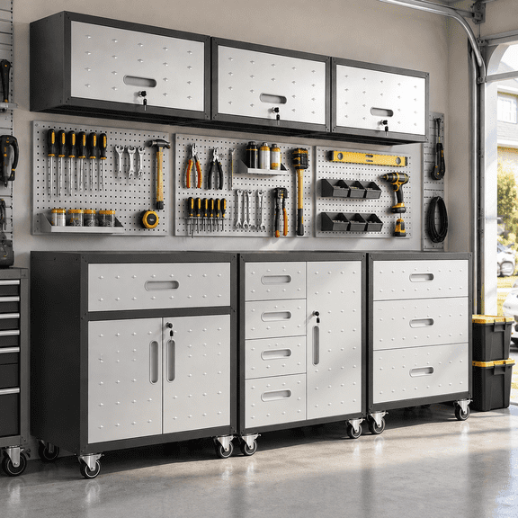 IKIMI 6-Piece Heavy Duty Garage Cabinet System with Workbench, Lockable Steel Storage Cabinets, Modular Tool Storage Organizer for Garage & Workshop , Gray