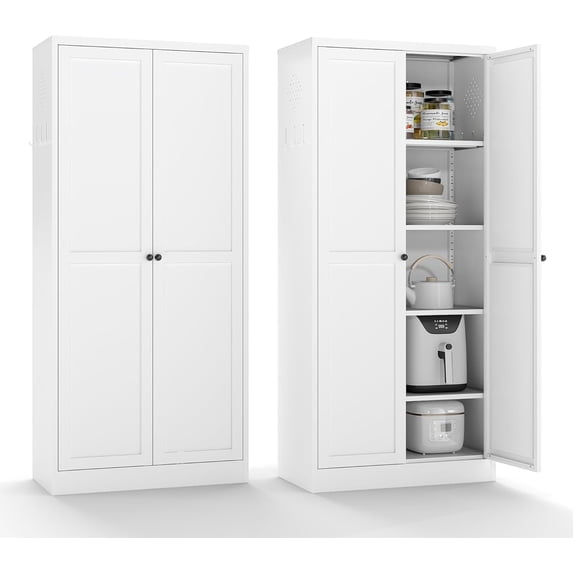 IKIMI 61" Metal Kitchen Pantry Storage Cabinet, Freestanding Cupboard with 4 Adjustable Shelves and 2 Doors, Tall Storage Organizer for Kitchen, Living Room or Laundry Room, White