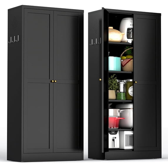 IKIMI 61" Metal Kitchen Pantry Storage Cabinet, Freestanding Cupboard with 4 Adjustable Shelves and 2 Doors, Tall Storage Organizer for Kitchen, Living Room or Laundry Room, Black