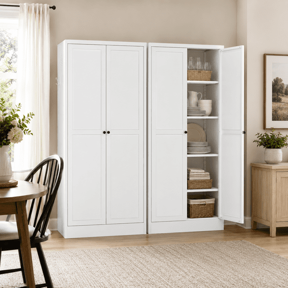 IKIMI 61" Tall Metal Kitchen Pantry Cabinet with 4 Adjustable Shelves, Freestanding Storage Cabinet for Kitchen, Laundry Room or Living Room, White