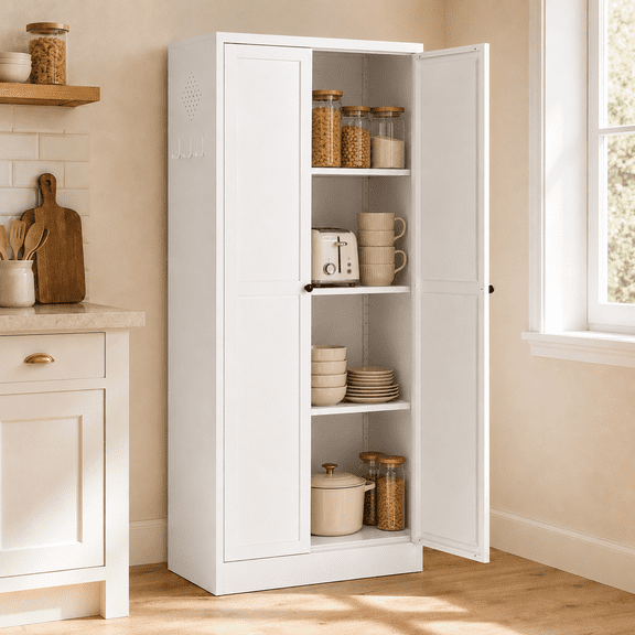 IKIMI 61" White Metal Kitchen Pantry Cabinet with 4 Adjustable Shelves, Freestanding Storage Cupboard