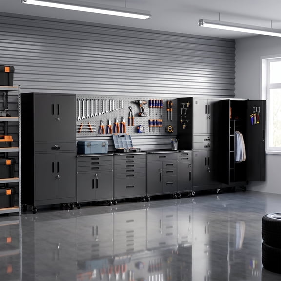 IKIMI 7-Piece Garage Storage Cabinet Set,Heavy Duty Metal Garage Cabinets System Workshop Set with 3 * Tall Tool Cabinets + 4 * Rolling Tool Cabinet