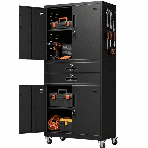 IKIMI 71" H Rolling Metal Garage Storage Cabinet with Wheels, Pegboard and 2 Drawers, Black