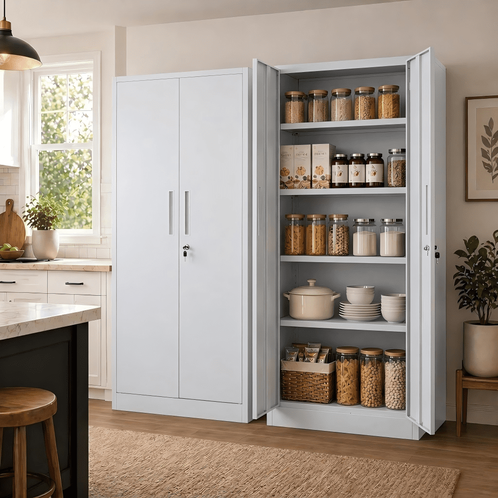 IKIMI 71" Metal Storage Cabinet with 4 Adjustable Shelves and Lock, Heavy Duty Steel Garage Tool Cabinet for Office, Home, Kitchen, White(H71"*W32"*D16")