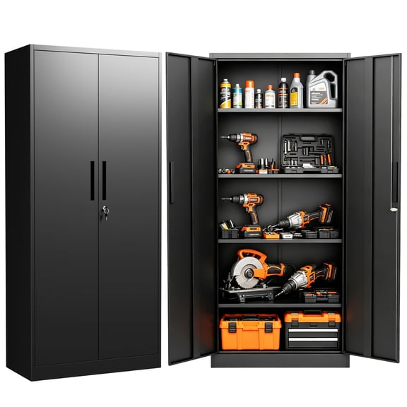 IKIMI 71" Metal Storage Cabinet with 4 Adjustable Shelves and Lock, Heavy Duty Steel Garage Tool Cabinet for Office, Home, Kitchen, Black(H71"*W32"*D16")