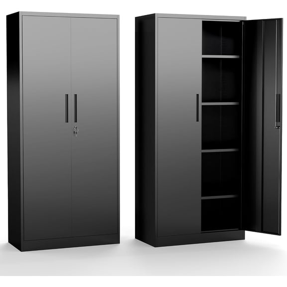 IKIMI 71" Metal Storage Cabinet with 4 Adjustable Shelves and Lock, Heavy Duty Steel Garage Tool Cabinet for Office, Home, Kitchen, Black(H71"*W32"*D16")