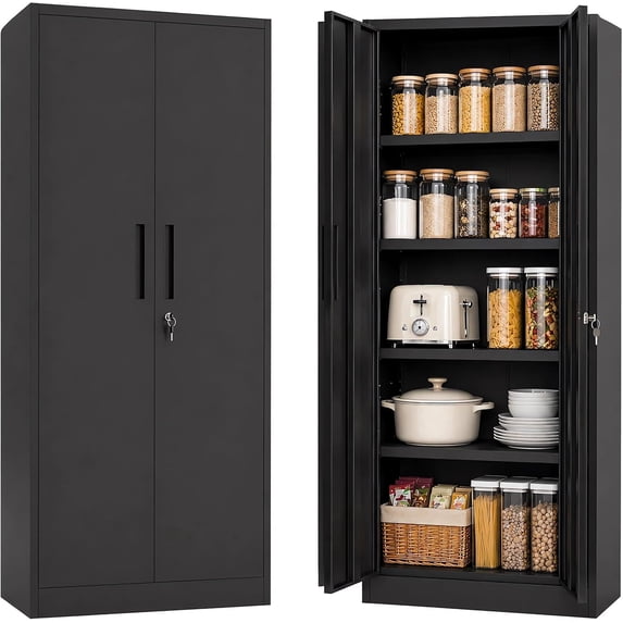 IKIMI 71" Metal Storage Cabinet with 4 Adjustable Shelves and Lock, Heavy Duty Steel Garage Tool Cabinet for Office, Home, Kitchen, Black(H71"*W32"*D16")