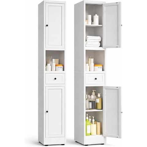 IKIMI 71" Tall Bathroom Cabinet, Metal Narrow Storage Cabinet with 2 Doors and 1 Drawer for Bathroom, Kitchen, Living Room, White