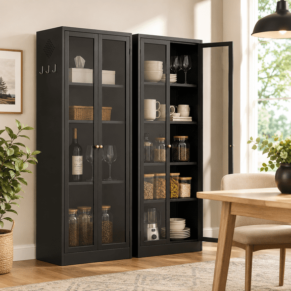 IKIMI 72" Black Metal Storage Cabinet with Glass Doors and 5 Adjustable Shelves for Kitchen, Dining Room