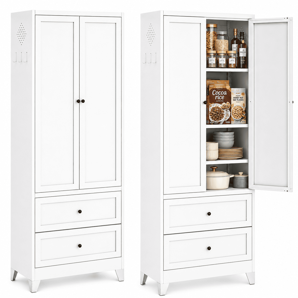 IKIMI 72" White Metal Pantry Cabinet with 2 Drawers and Adjustable Shelves, Tall Kitchen Storage Cabinet, Freestanding Cupboard for Dining Room, Bathroom, Laundry Room