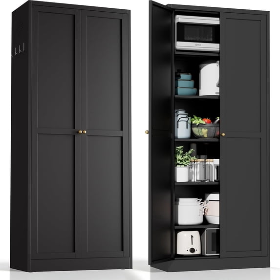 IKIMI 72" Metal Kitchen Pantry Storage Cabinet, Freestanding Cupboard with 5 Adjustable Shelves and 2 Doors, Tall Storage Organizer for Kitchen, Living Room or Laundry Room, Black