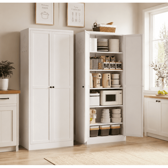 IKIMI 72" Tall Metal Kitchen Pantry Cabinet with 5 Adjustable Shelves, Freestanding Storage Cabinet for Kitchen, Laundry Room or Living Room, White