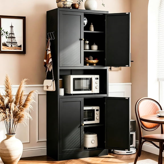 IKIMI 72" Metal Kitchen Pantry Storage Cabinet, Freestanding Cupboard with Adjustable Shelves and Doors, Tall Storage Cabinet for Kitchen, Living Room or Laundry Room, Black