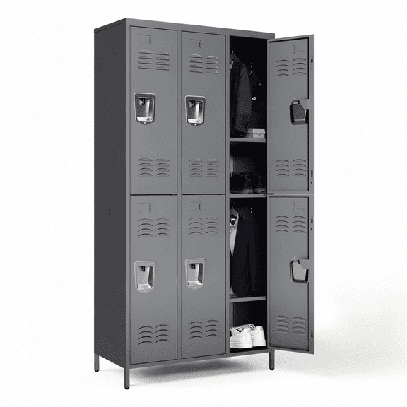 IKIMI 72" Metal Locker for Employees, 6 Doors Storage Cabinet Locker with Vented Compartments and Hooks for Gym, Garage, Living Room, Office, School, Gray