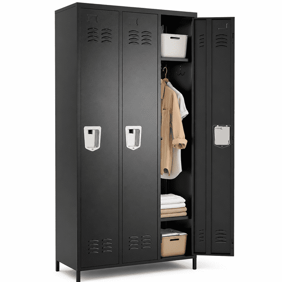 IKIMI 72" Metal Locker for Employees, 3 Doors Storage Cabinet Locker with Vented Compartments and Hooks for Gym, Garage, Living Room, Office, School, Black