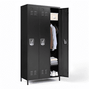 IKIMI 3-Door Metal Storage Locker with Key Lock and Hooks, 72" Heavy Duty Steel Secure Storage Cabinet for Office, Gym, Home Garage, Black