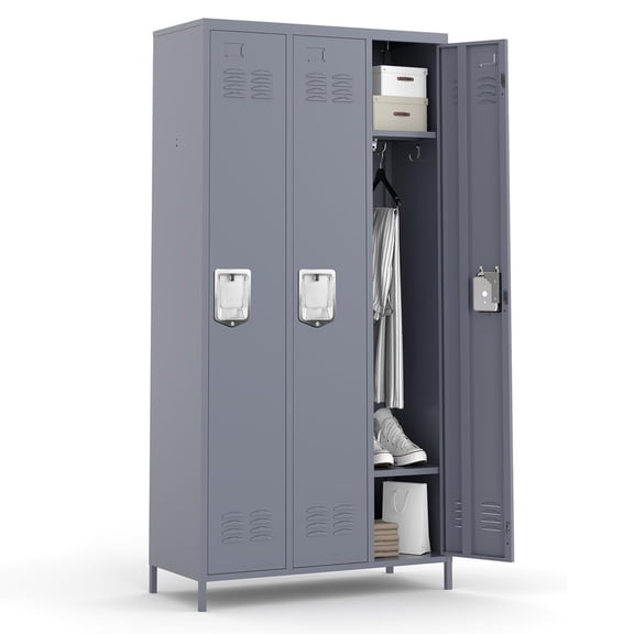 IKIMI 72" Metal Locker with Lock,3 Doors Steel Storage Locker Combination Cabinet for Employee Organizer, Office, School, Gym, Home, Industrial, Require Assembly(Gray)