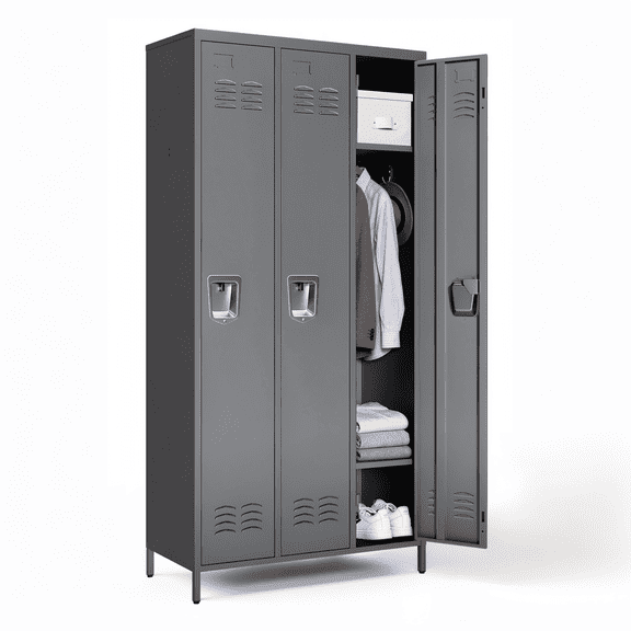IKIMI 3-Door Metal Storage Locker with Key Lock and Hooks, 72" Heavy Duty Steel Secure Storage Cabinet for Office, Gym, Home Garage, Gray