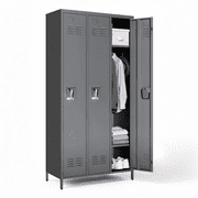 IKIMI 3-Door Metal Storage Locker with Key Lock and Hooks, 72" Heavy Duty Steel Secure Storage Cabinet for Office, Gym, Home Garage, Gray