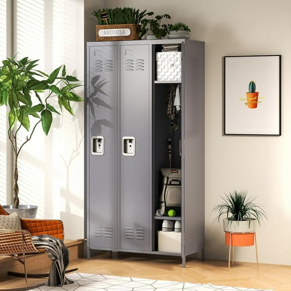 IKIMI 72" Metal Locker with Lock,3 Doors Steel Storage Locker Combination Cabinet for Employee Organizer, Office, School, Gym, Home, Industrial, Require Assembly(Gray)