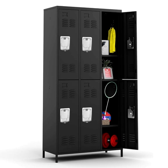 IKIMI 72" Metal Locker for Employees, 6 Doors Storage Cabinet Locker with Vented Compartments and Hooks for Gym, Garage, Living Room, Office, School, Black