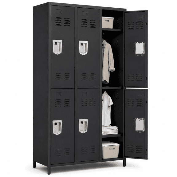 IKIMI 72" Metal Locker for Employees, 6 Doors Storage Cabinet Locker with Vented Compartments and Hooks for Gym, Garage, Living Room, Office, School, Black