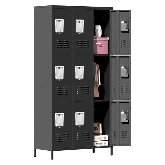 IKIMI 72" Metal Locker for Employees, 9 Doors Storage Cabinet Locker with Vented Compartments and Hooks for Gym, Garage, Living Room, Office, School, Black