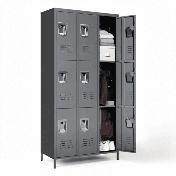 IKIMI 72" Metal Storage Locker with Lock, 9 Doors Steel Locker Cabinet with Vented Compartments and Hooks for School, Office, Gym (Gray)