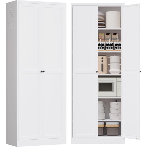 IKIMI 72" White Metal Kitchen Pantry Cabinet with 5 Adjustable Shelves, Freestanding Storage Cupboard