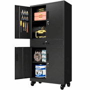 IKIMI 71" Rolling Tool Cabinet, Heavy Duty Metal Garage Storage Cabinet with Pegboard, Drawer and Wheels, Mobile Workshop Tool Organizer, Black
