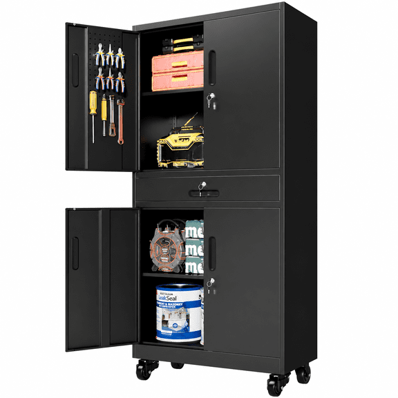 IKIMI 71" Rolling Tool Cabinet, Heavy Duty Metal Garage Storage Cabinet with Pegboard, Drawer and Wheels, Mobile Workshop Tool Organizer, Black
