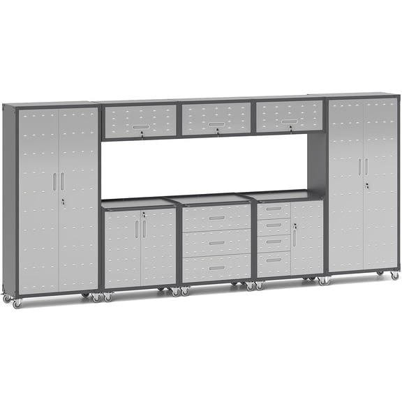 IKIMI 8-Piece Garage Storage Cabinet Set, Garage Storage Cabinets System Workshop Set with Drawers, 2 * Tall Tool Cabinets + 3 * Wall Garage Cabinets + 3 * Tool Cabinet with Wheels- Grey