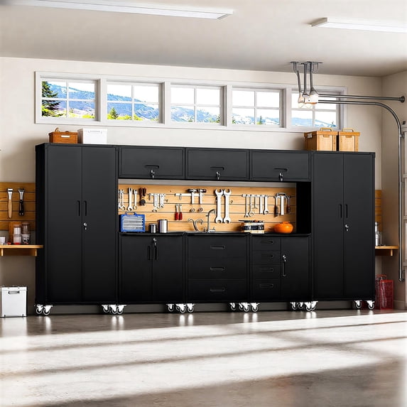 IKIMI 8-Piece Garage Storage Cabinet Set, Heavy Duty Metal Garage Cabinets System Workshop Set with 2* Tall Tool Cabinets+ 3 * Wall Mounted Cabinet+ 3 * Tool Cabinet with Wheels, Black