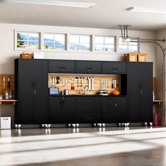 IKIMI 8-Piece Garage Storage Cabinet Set, Heavy Duty Metal Garage Cabinets System Workshop Set with 2* Tall Tool Cabinets+ 3 * Wall Mounted Cabinet+ 3 * Tool Cabinet with Wheels, Black
