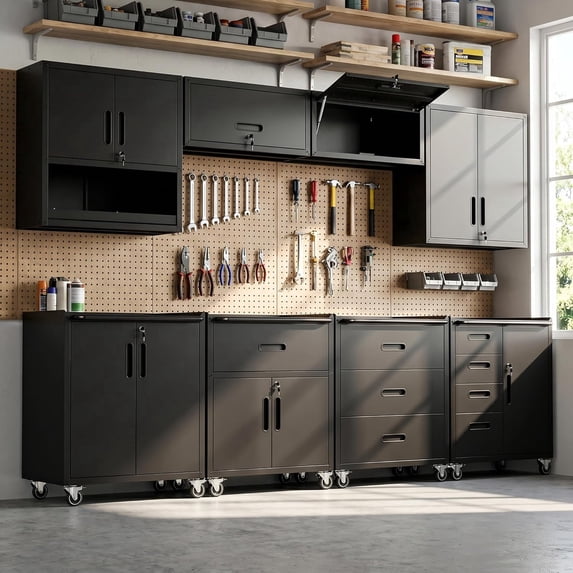 IKIMI 8-Piece Heavy Duty Garage Cabinet System with Workbench, Lockable Steel Storage Cabinets, Modular Tool Storage Organizer for Garage & Workshop , Black