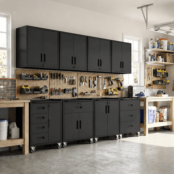 IKIMI 8-Piece Heavy Duty Garage Cabinet System with Workbench, Lockable Steel Storage Cabinets, Modular Tool Storage Organizer for Garage & Workshop , Black