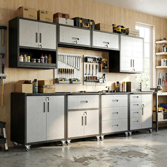 IKIMI 8-Piece Heavy Duty Garage Cabinet System with Workbench, Lockable Steel Storage Cabinets, Modular Tool Storage Organizer for Garage & Workshop , Gray