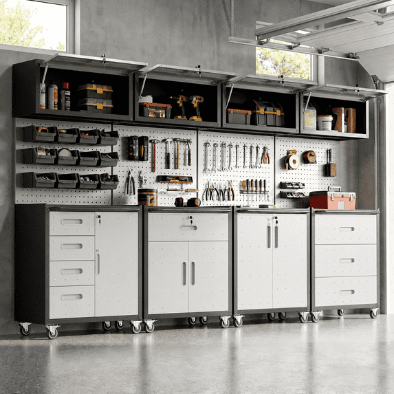 IKIMI 8-Piece Heavy Duty Garage Cabinet System with Workbench, Lockable Steel Storage Cabinets, Modular Tool Storage Organizer for Garage & Workshop , Gray