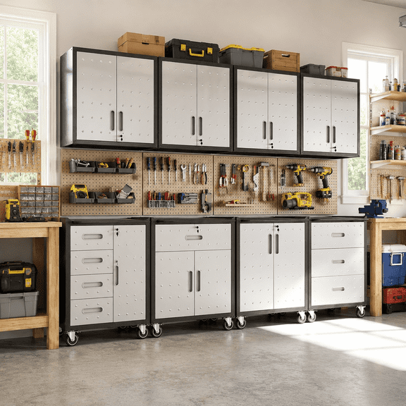 IKIMI 8-Piece Garage Storage System with Workbench, Heavy Duty Metal Garage Cabinets, Lockable Steel Tool Organizer, Modular Workshop Storage Cabinet Set, Gray