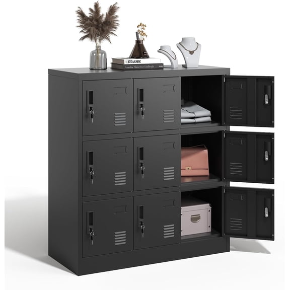 IKIMI 9-Door Metal Storage Locker, Storage Cabinet with Secure Locks and Ventilation for Office, Gym, School, Home, Black