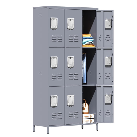 IKIMI 9-Door Metal Storage Locker Cabinet with Vented Compartments, Durable Steel for School, Office, Gym (Gray)