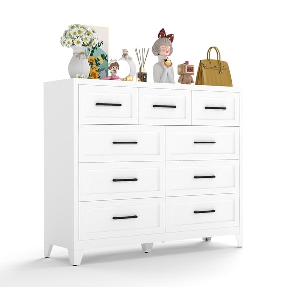 IKIMI 47"W 9 Drawer Double Dresser, Metal Storage Dresser Chest of Drawers for Living Room, Bedroom, White