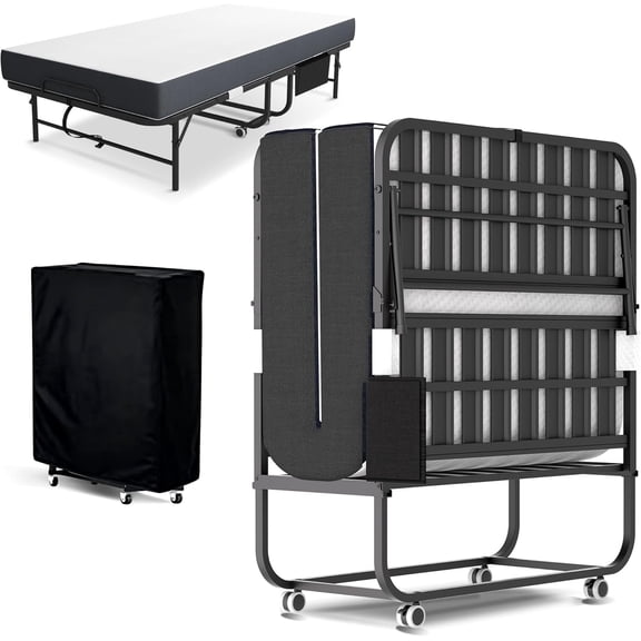 IKIMI Folding Bed with 5" Memory Foam Mattress , 75" x 38" Rollaway Bed Portable Foldable Guest Bed with Lockable Wheels