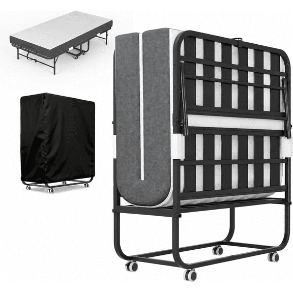 IKIMI Folding Bed with 5" Memory Foam Mattress , 75" x 38" Rollaway Bed Portable Foldable Guest Bed with Lockable Wheels