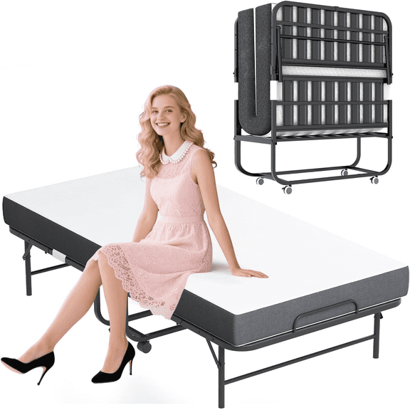 Folding Bed with Mattress for Adults, 75"x38" Roll Away Beds with Mattresses, Roll Away Beds with Dust Cover Widen Frame Foldable Bed, Portable