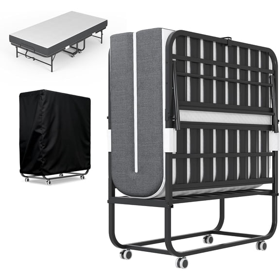 IKIMI Folding Bed with 5" Memory Foam Mattress, 75" x 46" Rollaway Bed Portable Foldable Guest Bed with Lockable Wheels and Dust Cover