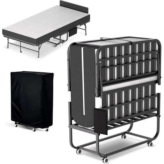 IKIMI Folding Bed with 5" Memory Foam Mattress and Headboard, 75" x 31" Rollaway Bed Portable Foldable Guest Bed with Lockable Wheels