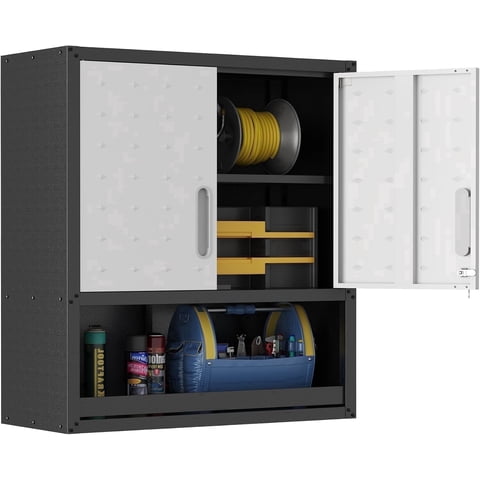 IKIMI 30" H Wall Mounted Metal Garage Cabinet with Lockable Doors and Open Shelf, Black/Gray